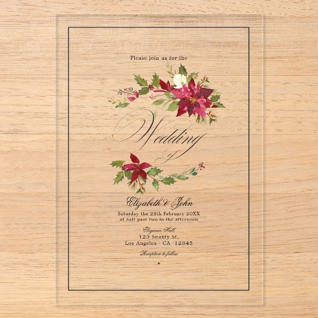 Invitations En Acrylique Mariage de Noël Holly Wreath (Recto)