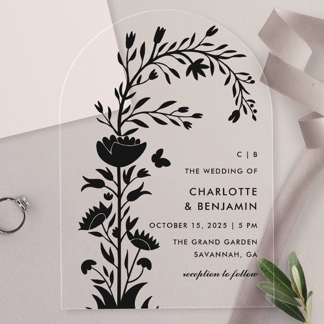 Invitations En Acrylique Mariage de papillon floral noir moderne (Créateur téléchargé)