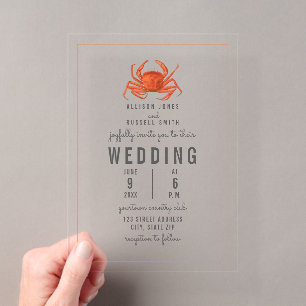 Invitations En Acrylique Mariage de plage côtière rustique au crabe