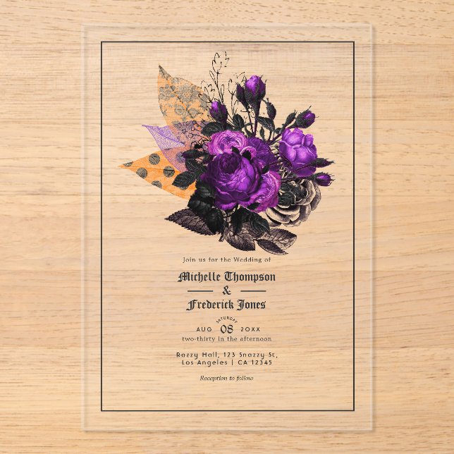 Invitations En Acrylique Mariage de Rose transparent gothique pourpre (Recto)