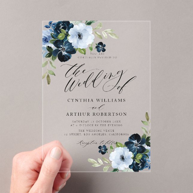 Invitations En Acrylique Mariage de script floral bleu clair et marine (In situ (ordinateur de poche))