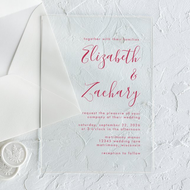 Invitations En Acrylique Mariage de script Magenta minimal moderne (Créateur téléchargé)