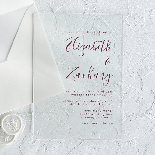 Invitations En Acrylique Mariage de script minimal moderne Bourgogne (Créateur téléchargé)