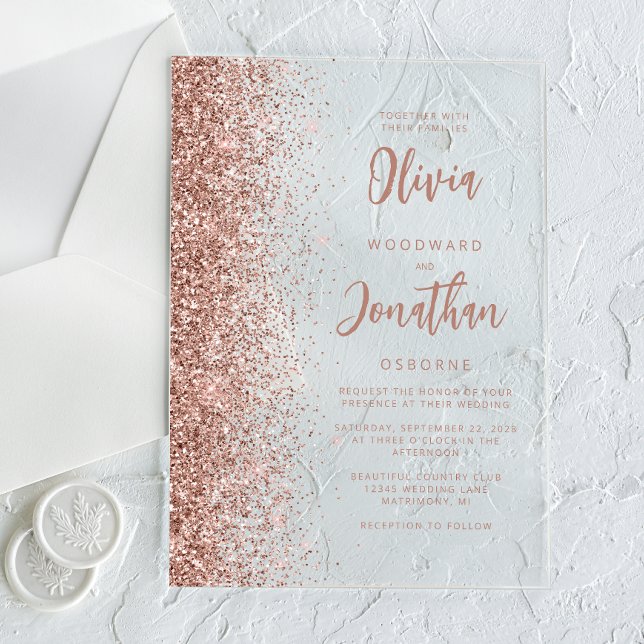 Invitations En Acrylique Mariage de script moderne rose Gold Parties scinti (Créateur téléchargé)