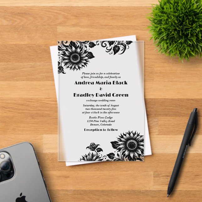 Invitations En Acrylique Mariage de tournesol en lin blanc noir (Insitu (Carte d'invitation))