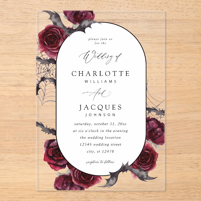 Invitations En Acrylique Mariage des chauves-souris d'Halloween Rose rouge (Recto)