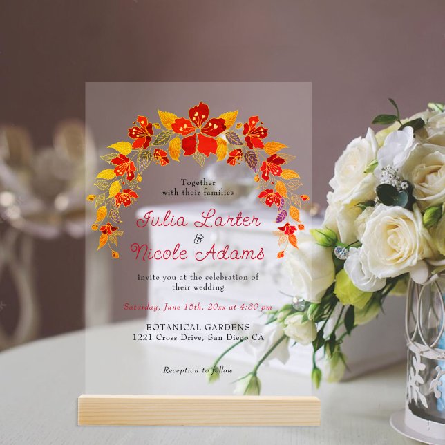 Invitations En Acrylique Mariage d'hibiscus tropicaux d'Orange brulé (Créateur téléchargé)