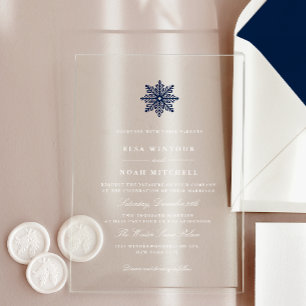 Invitations En Acrylique Mariage d'hiver flocon de neige bleu marine Transp