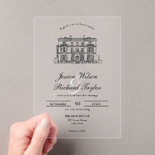 Invitations En Acrylique Mariage d'illustrations du manoir de lieu dessiné