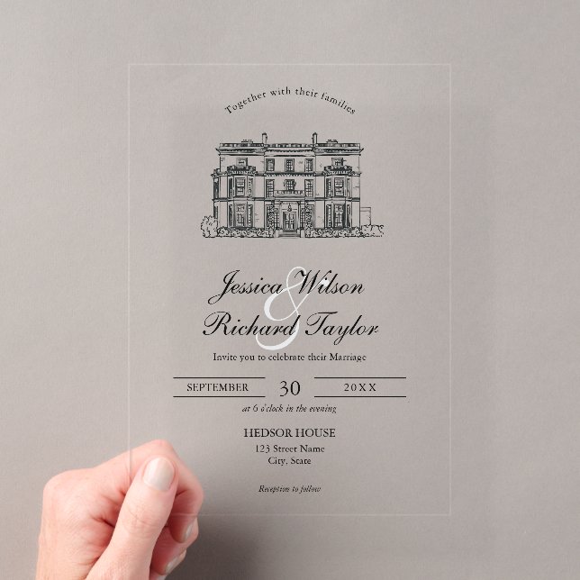 Invitations En Acrylique Mariage d'illustrations du manoir de lieu dessiné  (In situ (ordinateur de poche))