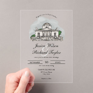 Invitations En Acrylique Mariage d'illustrations du manoir de lieu dessiné