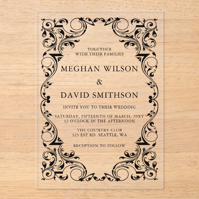 Invitations En Acrylique Mariage d'or noir rustique élégant (Recto)