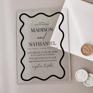 Invitations En Acrylique Mariage élégant à bordure ondulée noir et blanc