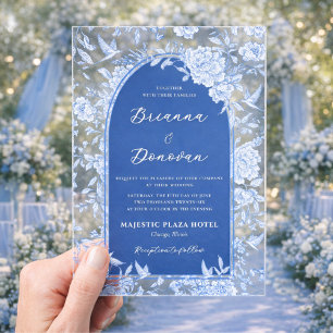 Invitations En Acrylique Mariage Élégant aux Oiseaux Botaniques Bleu & Blan
