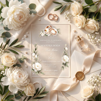 Invitations En Acrylique Mariage Élégant avec Anneaux Dorés et Fleurs Blanc
