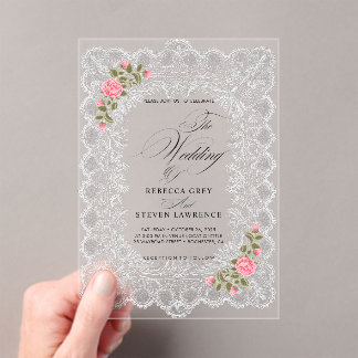 Invitations En Acrylique Mariage élégant blanc dentelle rose fleur calligra