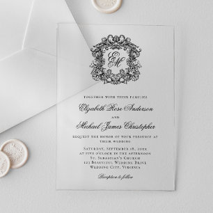 Invitations En Acrylique Mariage Élégant Blason Monogramme Noir