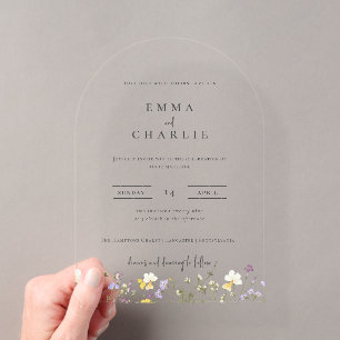 Invitations En Acrylique Mariage Élégant Boho Jardin Fleurs Sauvages
