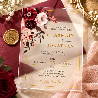 Invitations En Acrylique Mariage Élégant Bourgeois Floral Doré