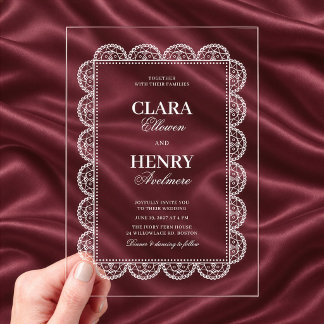 Invitations En Acrylique Mariage Élégant Cadre en Dentelle Blanche