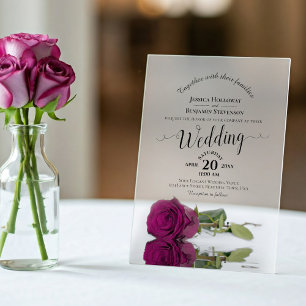 Invitations En Acrylique Mariage élégant calligraphié avec rose magenta plu