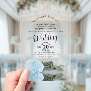 Invitations En Acrylique Mariage Élégant Calligraphie Dentelle Rose Bleu Pâ