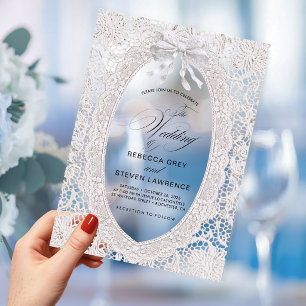 Invitations En Acrylique Mariage Élégant Chic Blanc Faux Dentelle Calligrap