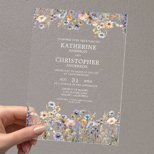 Invitations En Acrylique Mariage Élégant Fleur Sauvage Bleu Poussiéreux Aqu