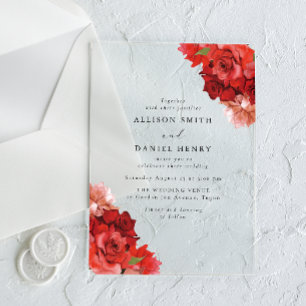 Invitations En Acrylique Mariage élégant floral rouge et rose