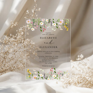 Invitations En Acrylique Mariage Élégant Minimaliste aux Fleurs Sauvages