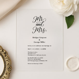 Invitations En Acrylique mariage élégant mr et mrs noir transparent