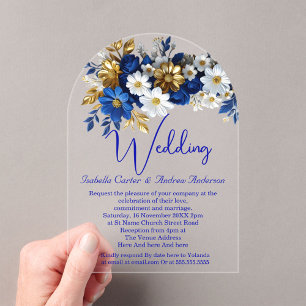 Invitations En Acrylique Mariage élégant Royal Blue White Gold Flowers