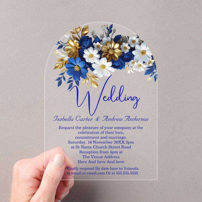 Invitations En Acrylique Mariage élégant Royal Blue White Gold Flowers (Créateur téléchargé)