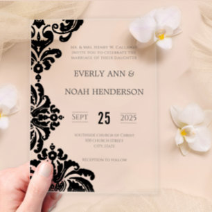 Invitations En Acrylique Mariage élégant simple victorien noir damas