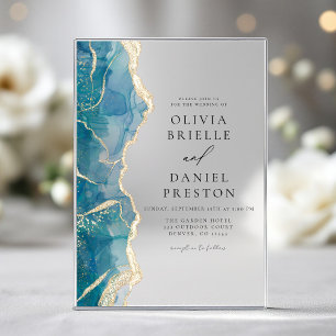 Invitations En Acrylique Mariage élégant Turquoise Bleu Agate Or