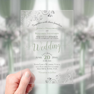 Invitations En Acrylique Mariage élégant vert sauge et calligraphie argenté