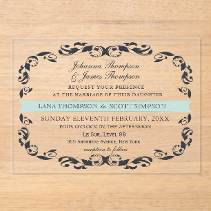 Invitations En Acrylique Mariage élégant victorien filigrané Navy CLEAR