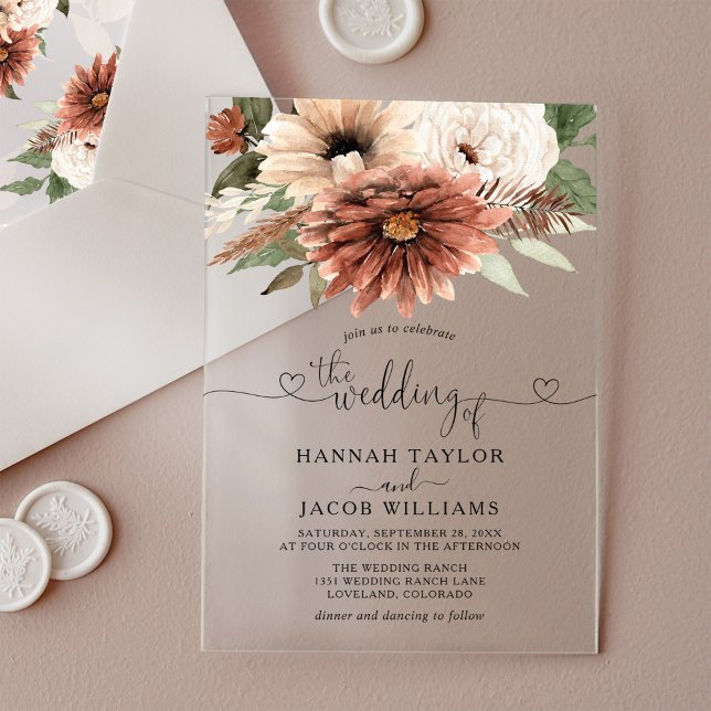 Invitations En Acrylique Mariage en terre cuite fleurie de Bohême (Créateur téléchargé)