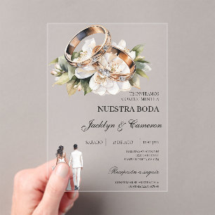 Invitations En Acrylique Mariage Espagnol Fleur Blanche avec anneau