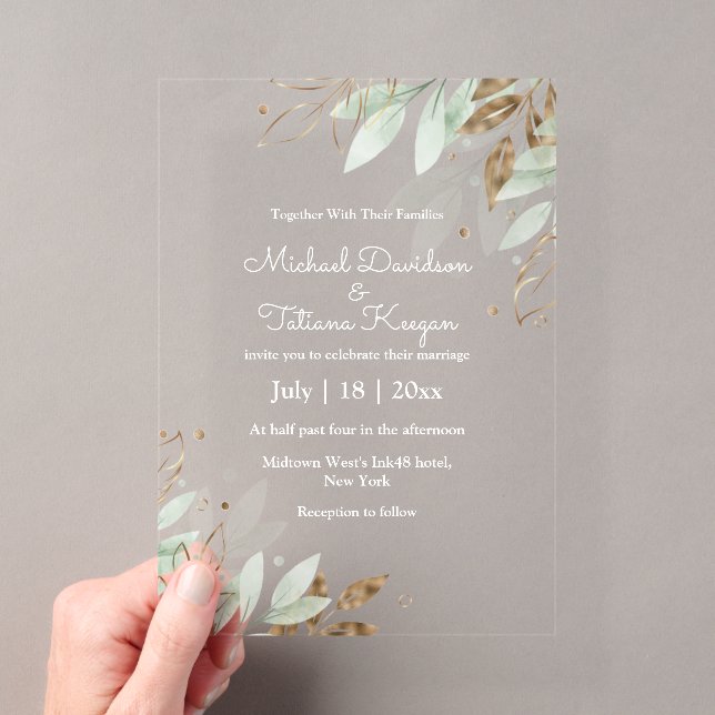 Invitations En Acrylique mariage feuille d'or vert botanique (In situ (ordinateur de poche))