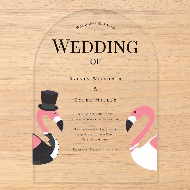 Invitations En Acrylique Mariage Flamant rose (Recto)