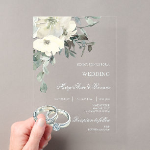 Invitations En Acrylique Mariage Fleur Blanche avec anneau doré
