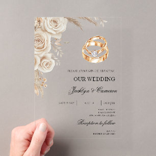 Invitations En Acrylique Mariage Fleur Blanche avec bague