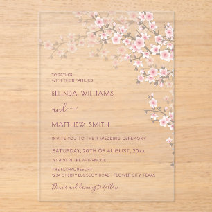 Invitations En Acrylique Mariage Fleur de Cerisier Rose Tendre