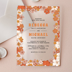 Invitations En Acrylique Mariage Fleur de Champ Orange Crème Rétro Groovy
