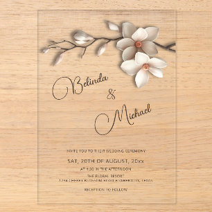 Invitations En Acrylique Mariage Fleur Effet Relief Magnolia Blanc Cassé