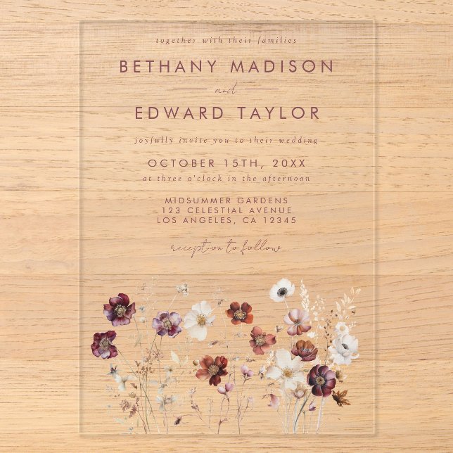 Invitations En Acrylique Mariage Fleur sauvage d'automne (Recto)
