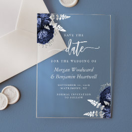 Invitations En Acrylique Mariage Fleurie Bleu Marine Argent Épargnez la Dat