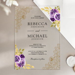 Invitations En Acrylique Mariage Fleurie Lace Dorée Violet Poussiéreux