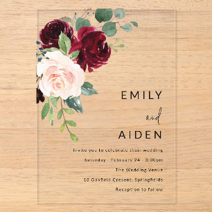 Invitations En Acrylique Mariage Fleurie Rouge Bourgogne & Blush